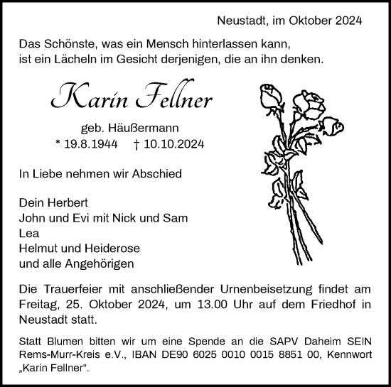 Traueranzeige von Karin Fellner von Waiblinger Kreiszeitung