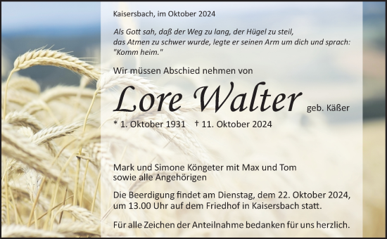 Traueranzeige von Lore Walter von Waiblinger Kreiszeitung