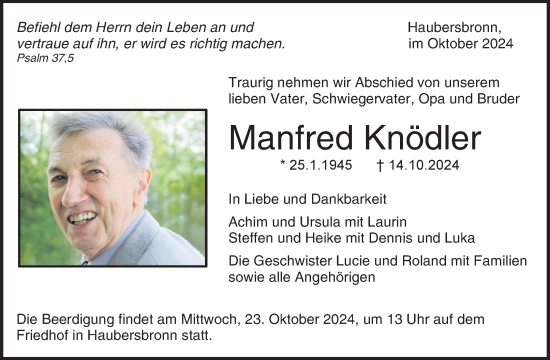 Traueranzeige von Manfred Knödler  von Waiblinger Kreiszeitung