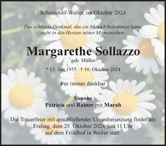 Traueranzeige von Margarethe Sollazzo von Waiblinger Kreiszeitung