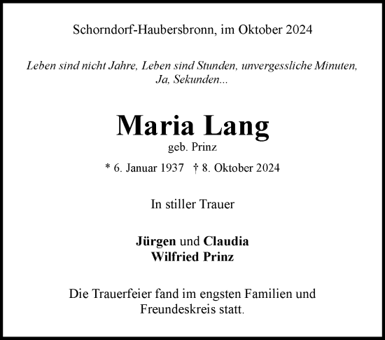 Traueranzeige von Maria Lang von Waiblinger Kreiszeitung