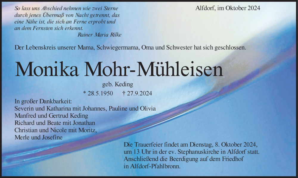  Traueranzeige für Monika Mohr-Mühleisen vom 04.10.2024 aus Waiblinger Kreiszeitung