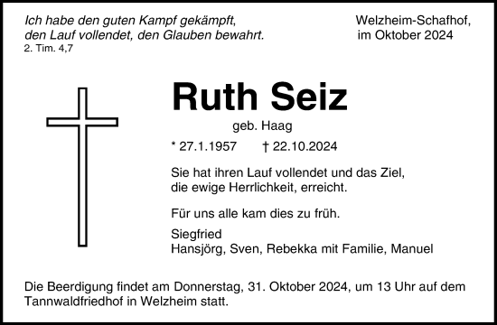 Traueranzeige von Ruth Seiz von Waiblinger Kreiszeitung