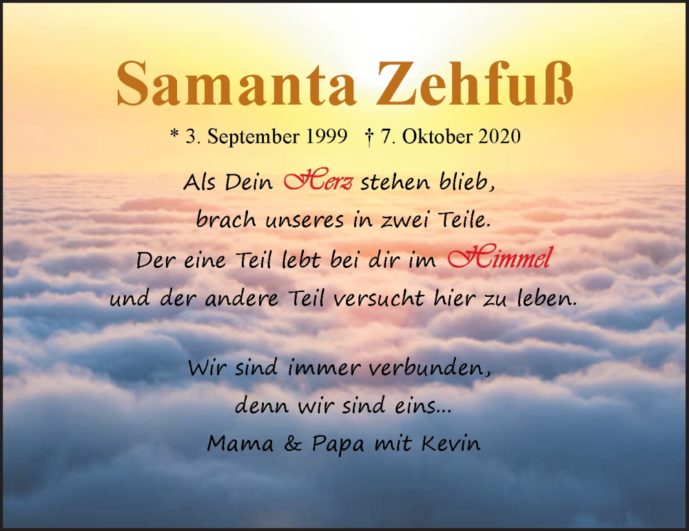  Traueranzeige für Samanta Zehfuß vom 07.10.2024 aus Waiblinger Kreiszeitung