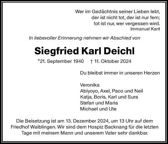 Traueranzeige von Siegfried Karl Deichl von Waiblinger Kreiszeitung