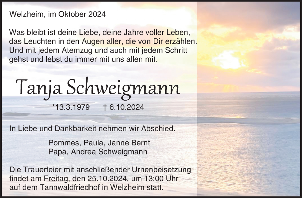  Traueranzeige für Tanja Schweigmann vom 18.10.2024 aus Waiblinger Kreiszeitung