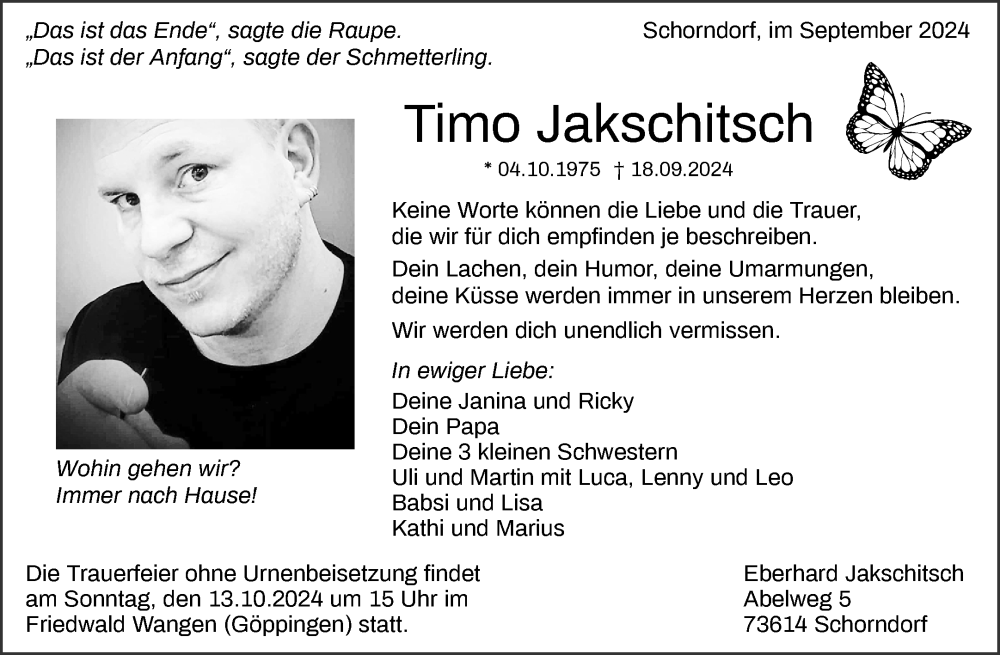  Traueranzeige für Timo Jakschitsch vom 04.10.2024 aus Waiblinger Kreiszeitung