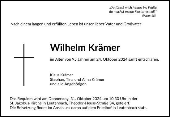 Traueranzeige von Wilhelm Krämer von Waiblinger Kreiszeitung