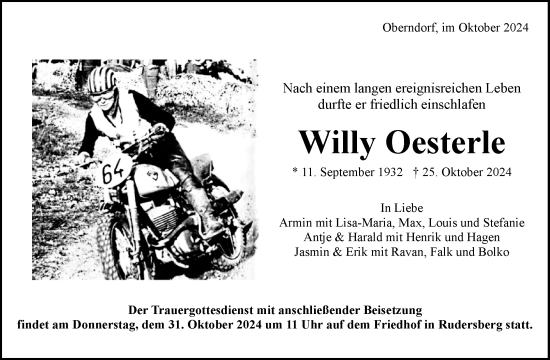 Traueranzeige von Willy Oesterle von Waiblinger Kreiszeitung