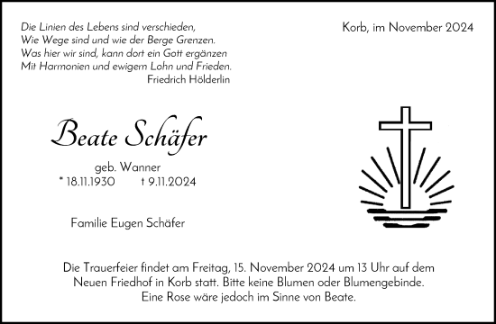 Traueranzeige von Beate Schäfer von Waiblinger Kreiszeitung