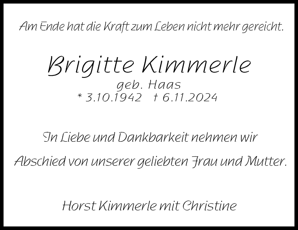  Traueranzeige für Brigitte Kimmerle vom 11.11.2024 aus Waiblinger Kreiszeitung