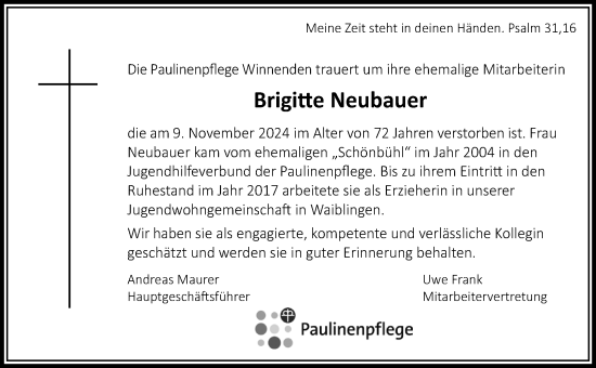 Traueranzeige von Brigitte Neubauer von Waiblinger Kreiszeitung