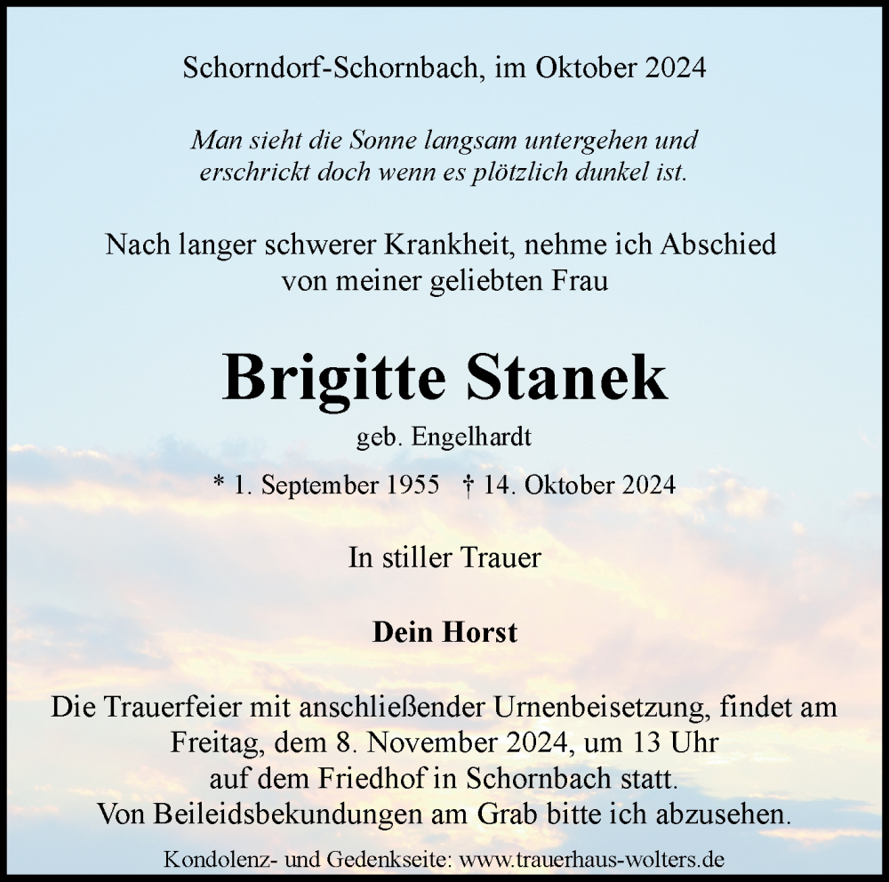  Traueranzeige für Brigitte Stanek vom 04.11.2024 aus Waiblinger Kreiszeitung