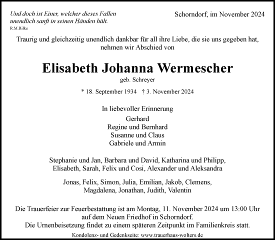 Traueranzeige von Elisabeth Johanna Wermescher von Waiblinger Kreiszeitung