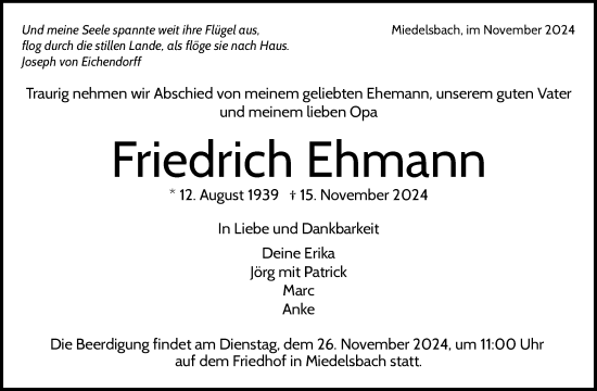 Traueranzeige von Friedrich Ehmann von Waiblinger Kreiszeitung