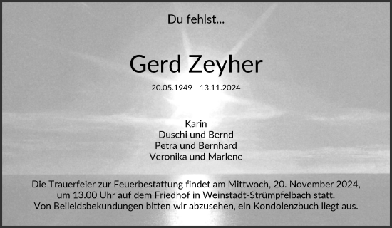 Traueranzeige von Gerd Zeyher von Waiblinger Kreiszeitung