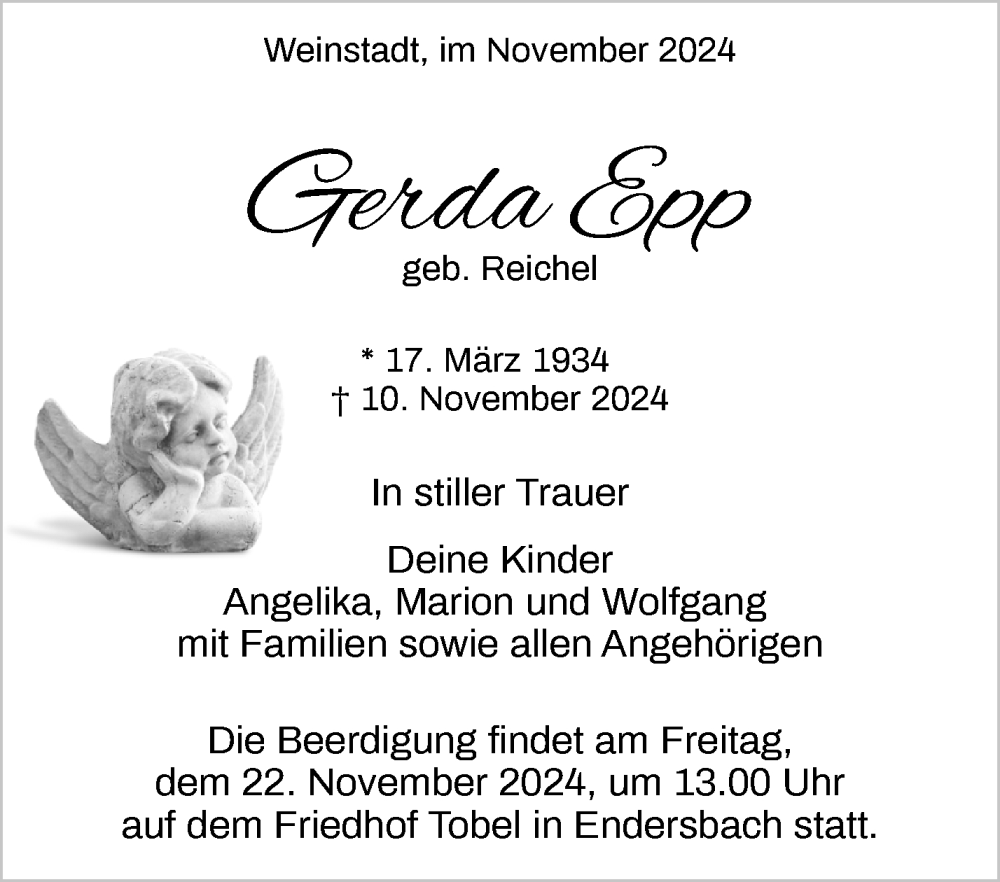  Traueranzeige für Gerda Epp vom 16.11.2024 aus Waiblinger Kreiszeitung