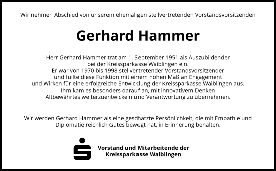 Traueranzeige von Gerhard Hammer von Waiblinger Kreiszeitung