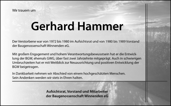 Traueranzeige von Gerhard Hammer von Waiblinger Kreiszeitung