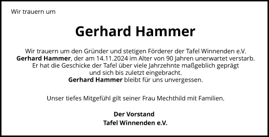 Traueranzeige von Gerhard Hammer von Waiblinger Kreiszeitung