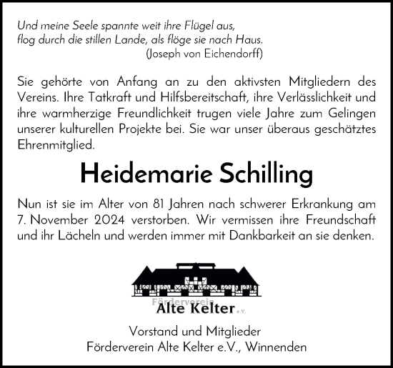 Traueranzeige von Heidemarie Schilling von Waiblinger Kreiszeitung