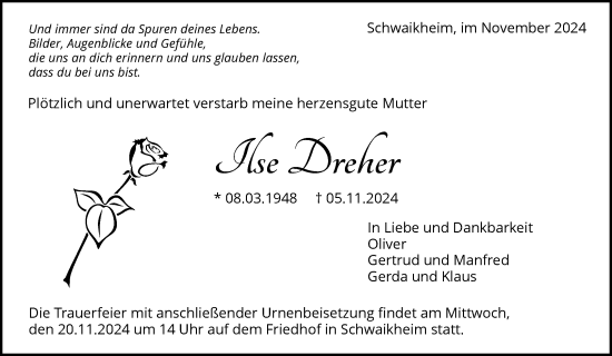 Traueranzeige von Ilse Dreher von Waiblinger Kreiszeitung