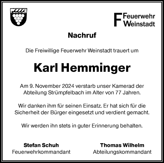 Traueranzeige von Karl Hemminger von Waiblinger Kreiszeitung