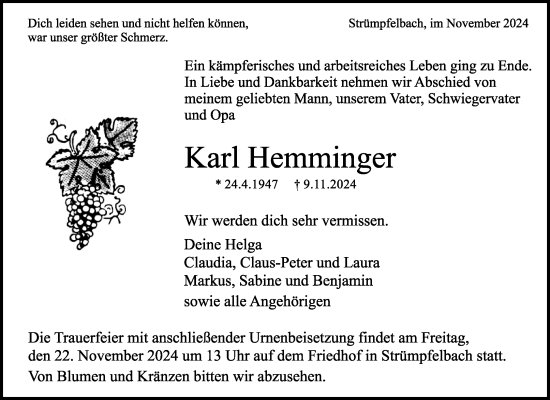 Traueranzeige von Karl Hemminger von Waiblinger Kreiszeitung