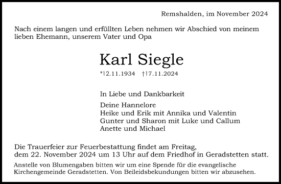 Traueranzeige von Karl Siegle von Waiblinger Kreiszeitung