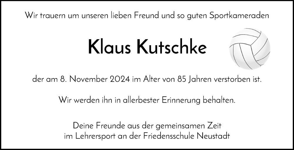  Traueranzeige für Klaus Kutschke vom 16.11.2024 aus Waiblinger Kreiszeitung