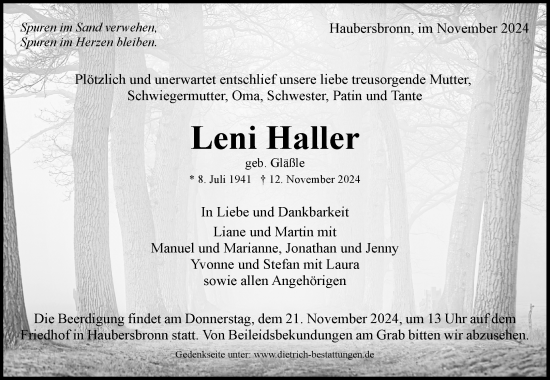 Traueranzeige von Leni Haller von Waiblinger Kreiszeitung