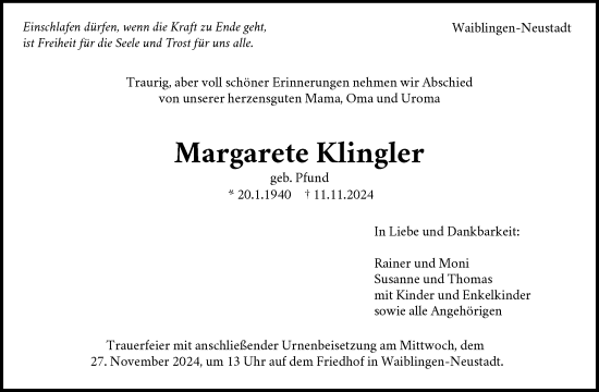 Traueranzeige von Margarete Klingler von Waiblinger Kreiszeitung