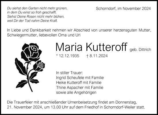 Traueranzeige von Maria Kutteroff von Waiblinger Kreiszeitung