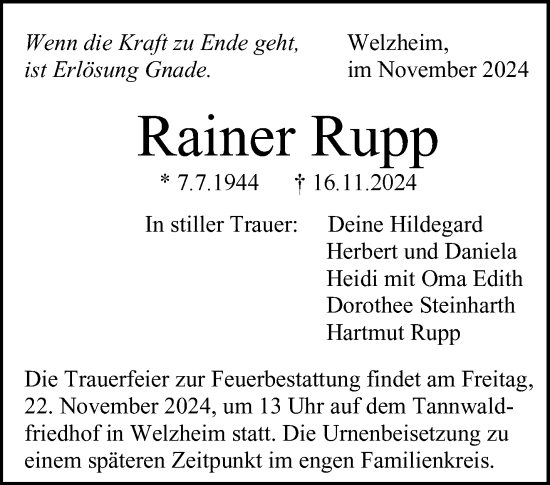 Traueranzeige von Rainer Rupp von Waiblinger Kreiszeitung