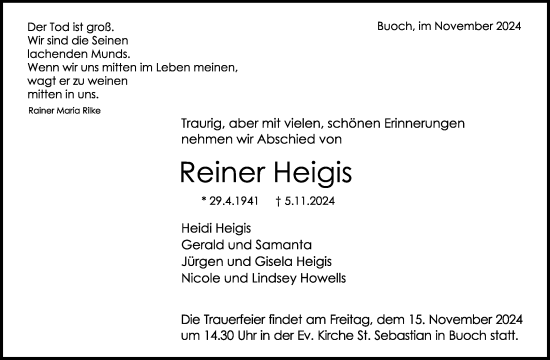 Traueranzeige von Reiner Heigis von Waiblinger Kreiszeitung