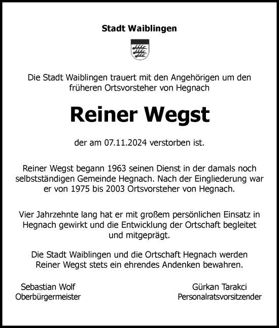 Traueranzeige von Reiner Wegst von Waiblinger Kreiszeitung