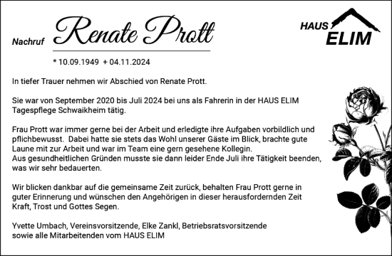 Traueranzeige von Renate Prott von Waiblinger Kreiszeitung