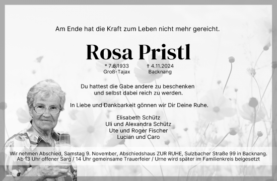 Traueranzeige von Rosa Pristl von Waiblinger Kreiszeitung