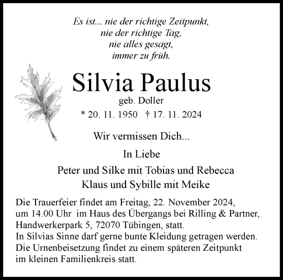 Traueranzeige von Silvia Paulus von Waiblinger Kreiszeitung