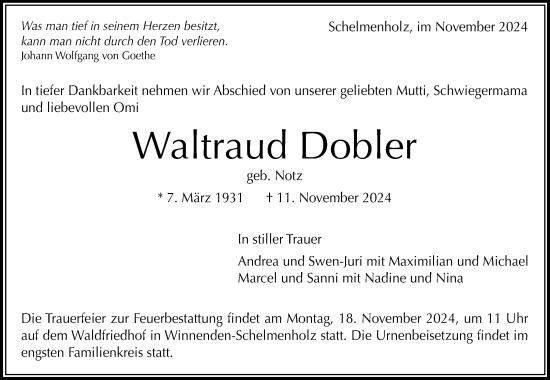 Traueranzeige von Waltraud Dobler von Waiblinger Kreiszeitung