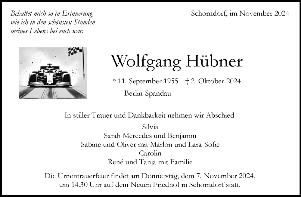  Traueranzeige für Wolfgang Hübner vom 02.11.2024 aus Waiblinger Kreiszeitung