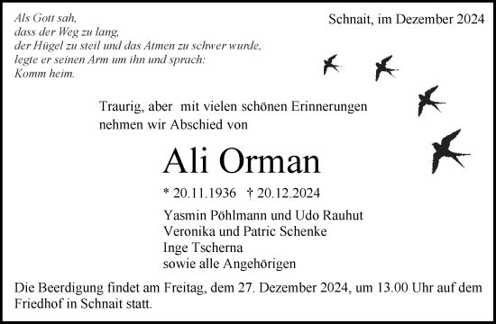 Traueranzeige von Ali Orman von Waiblinger Kreiszeitung