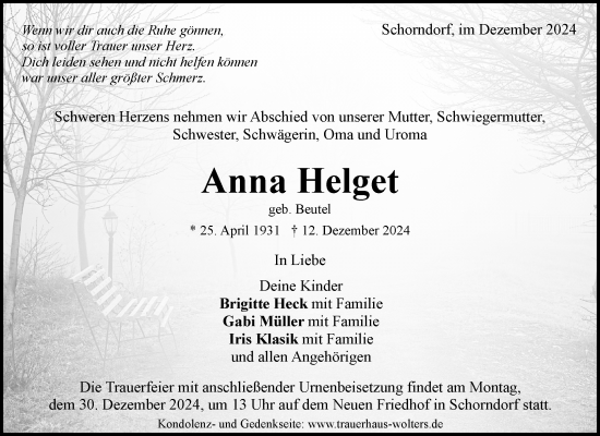 Traueranzeige von Anna Helget von Waiblinger Kreiszeitung