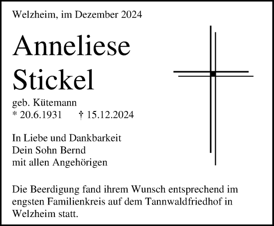 Traueranzeige von Anneliese Stickel von Waiblinger Kreiszeitung