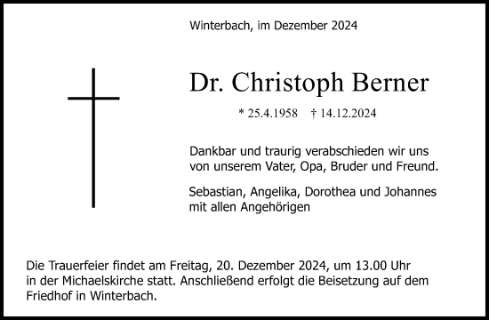 Traueranzeige von Christoph Berner von Waiblinger Kreiszeitung