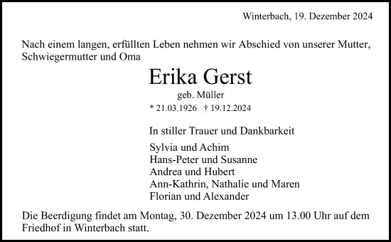 Traueranzeige von Erika Gerst von Waiblinger Kreiszeitung