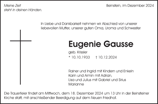 Traueranzeige von Eugenie Gausse von Waiblinger Kreiszeitung