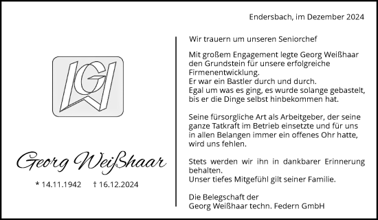 Traueranzeige von Georg Weißhaar von Waiblinger Kreiszeitung