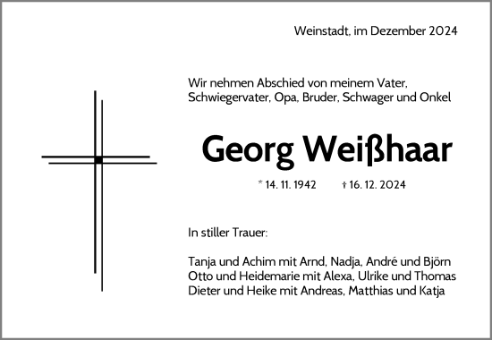 Traueranzeige von Georg Weißhaar von Waiblinger Kreiszeitung