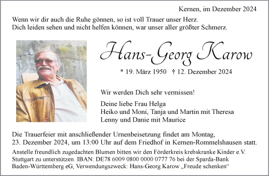 Traueranzeige von Hans-Georg Karow von Waiblinger Kreiszeitung